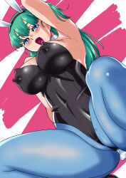 Rule 34 | 1girl, :d, aqua hair, arms up, artist request, ass, bare shoulders, black leotard, breasts, bulma, cameltoe, cleavage, cleft of venus, curvy, detached collar, dragon ball, dragon ball (classic), hand in own hair, highleg, highleg leotard, highres, huge ass, large breasts, leotard, looking at viewer, open mouth, pantyhose, playboy bunny, signature, skindentation, smile, solo, strapless, strapless leotard, sweat, sweatdrop, white background, wide hips