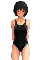 Rule 34 | 1girl, absurdres, amagami, black hair, black one-piece swimsuit, blush, breasts, collarbone, competition swimsuit, cowboy shot, highres, itsuki nofuji, looking at viewer, nanasaki ai, one-piece swimsuit, purple eyes, short hair, simple background, small breasts, solo, standing, swimsuit, tan, white background