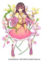 Rule 34 | 1girl, belt, bow (weapon), brown hair, flower, flower knight girl, full body, gradient hair, hair ornament, hairclip, ionocidium (flower knight girl), legs apart, long hair, looking at viewer, multicolored hair, name connection, object namesake, official art, pantyhose, pink hair, pink skirt, purple footwear, shawl, shoes, skirt, smile, solo, standing, sugimeno, weapon, white background, white pantyhose, yellow eyes