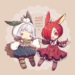 Rule 34 | 2023, 2girls, :3, :d, ahoge, animal ears, apple, apple rabbit, apple slice, black ribbon, blonde hair, bow, brown background, brown cape, brown dress, brown pantyhose, cape, chibi, chinese zodiac, dress, english text, food, food art, fork hair ornament, frilled sleeves, frills, fruit, full body, grey hair, hair over one eye, hay, holding, holding hands, holding plate, hood, hood up, leaf, looking at viewer, low twintails, medium hair, multicolored hair, multiple girls, neck ribbon, o o, open mouth, original, outstretched arm, pantyhose, personification, plate, polka dot pants, puffy pants, puffy sleeves, rabbit ears, rakuni, red eyes, red footwear, red hair, ribbon, shoes, short hair, sleeves past fingers, sleeves past wrists, smile, snow rabbit, streaked hair, thick eyebrows, twintails, wide sleeves, year of the rabbit