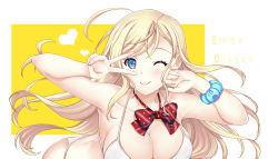 Rule 34 | 1girl, bikini, blonde hair, blue eyes, bow, bowtie, breasts, character name, cleavage, closed mouth, hands up, hataraki kuma, heart, highres, large breasts, long hair, looking at viewer, one eye closed, original, red bow, red bowtie, scrunchie, smile, solo, swimsuit, v