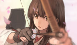 Rule 34 | 10s, 1girl, akagi (kancolle), archery, arrow (projectile), blurry, bow (weapon), brown eyes, brown hair, depth of field, drawing bow, gloves, holding bow (weapon), japanese clothes, kantai collection, kyuudou, long hair, looking at viewer, partially fingerless gloves, partly fingerless gloves, personification, petals, single glove, solo, weapon, xiao qiang (overseas), yugake