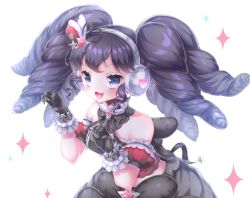 Rule 34 | 1girl, :d, aki (akinyaaaaa), bare shoulders, black gloves, black hair, black skirt, blue eyes, blush, claw pose, commentary request, cropped shirt, detached collar, detached sleeves, fang, gaaruru (pripara), gloves, hair ornament, hands up, headphones, highres, long hair, looking at viewer, open mouth, pretty series, pripara, puffy detached sleeves, puffy sleeves, sidelocks, simple background, skirt, smile, solo, sparkle, star (symbol), star hair ornament, twintails, white background