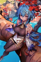 Rule 34 | 1girl, absurdres, ai-assisted, bare shoulders, bell, blue hair, bodysuit, breasts, closed mouth, collarbone, cowbell, detached sleeves, from above, ganyu (genshin impact), genshin impact, gloves, goat horns, highres, horns, in tree, large breasts, leaf, neck bell, pink eyes, single glove, sitting, sitting in tree, smile, solo, tassel, thighs, tree, unstableboiler