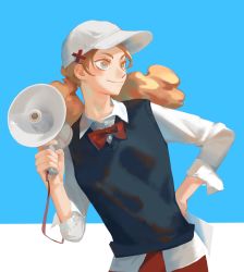 Rule 34 | 1girl, absurdres, baseball cap, black vest, bn3ppo, bow, bowtie, brown hair, buttons, closed mouth, collared shirt, commentary, haikyuu!!, hand on own hip, hat, highres, holding, holding megaphone, leaning to the side, long hair, looking away, megaphone, multicolored eyes, school uniform, shirt, sleeves rolled up, smile, solo, twintails, vest, white shirt, yamamoto akane