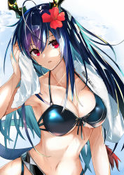 Rule 34 | 1girl, akasabi, arknights, bikini, blue bikini, blue hair, breasts, ch&#039;en (arknights), ch&#039;en the holungday (arknights), ch&#039;en the holungday (elite ii) (arknights), collarbone, commentary request, dragon horns, flower, hair flower, hair ornament, hand up, hibiscus, highres, horns, large breasts, long hair, looking at viewer, navel, official alternate costume, parted lips, partial commentary, red eyes, red flower, solo, stomach, swimsuit, towel, upper body