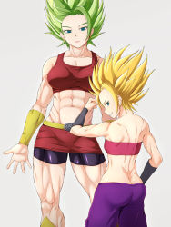 Rule 34 | 10s, 2girls, abs, back, bike shorts, butt crack, caulifla, dragon ball, dragon ball super, highres, kale (dragon ball), looking at viewer, multiple girls, muscular, muscular female, ocza, shorts, shorts under skirt, simple background, skirt, spiked hair, strapless, super saiyan, super saiyan 2, thick thighs, thighs, toned, tube top, wristband