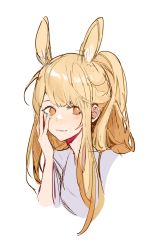 Rule 34 | 1girl, absurdres, animal ear fluff, animal ears, aqua nails, arknights, blemishine (arknights), blonde hair, blush, commentary, english commentary, extra ears, hand on own cheek, hand on own face, hand up, heishisei, high ponytail, highres, horse ears, horse girl, long hair, looking at viewer, nail polish, orange eyes, portrait, simple background, sketch, smile, solo, white background
