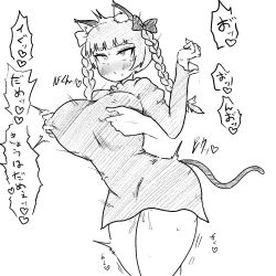 Rule 34 | 1boy, 1girl, :/, animal ears, blush, braid, breasts, cat ears, cat tail, hand up, heart, juliet sleeves, kaenbyou rin, long sleeves, madoro, multiple tails, nipple stimulation, nipple tweak, puffy sleeves, solo focus, spoken heart, tail, thick thighs, thighs, touhou, translation request, twin braids