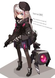 Rule 34 | 1girl, amonitto, assault rifle, automatic rifle, battle rifle, beret, black hat, blue eyes, bullpup, carbine, commentary request, desert tech mdr, dinergate (girls&#039; frontline), drone, english text, engrish text, girls&#039; frontline, gloves, gun, hat, heterochromia, jacket, long hair, looking at viewer, mdr (girls&#039; frontline), multicolored hair, one side up, pantyhose, ranguage, red eyes, rifle, silver hair, solo, streaked hair, unmanned ground vehicle, weapon