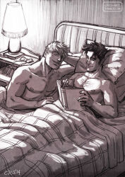 Rule 34 | 2boys, bad id, bad tumblr id, bara, black hair, blonde hair, book, chest hair, couple, cris art, desk lamp, feet out of frame, from above, greyscale, holding, holding book, hulkling, lamp, lying, male focus, marvel, monochrome, multiple boys, nipples, nude, on back, on bed, pectorals, pillow, reading, shared blanket, short hair, sideburns, smile, thick eyebrows, toned, toned male, wiccan, yaoi
