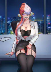 Rule 34 | absurdres, alternate costume, black bra, black thighhighs, bra, city, commission, desk, garter straps, highres, lifted by self, lingerie, multicolored hair, night, night sky, office lady, on desk, one eye covered, one piece, open clothes, pencil skirt, red hair, secretary, shirt, sitting, on desk, skirt, sky, thighhighs, underwear, user pcyk7737, uta (one piece), white hair, white shirt