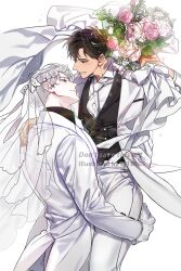 Rule 34 | 1blgs, 2boys, black sweater vest, bouquet, bridal veil, brown hair, buttons, carrying, carrying person, closed mouth, eye contact, feet out of frame, flower, gloves, grin, highres, ilay riegrow, jeong taeui, long sleeves, looking at another, male focus, multiple boys, necktie, pants, passion (manhwa), pink flower, pink rose, rose, smile, sparkle, sweater vest, teeth, twitter username, veil, white background, white gloves, white hair, white necktie, white pants, yaoi