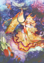 Rule 34 | 1girl, blonde hair, bubble, chibi (shimon), clownfish, copyright request, coral, coral reef, fish, floral print, highres, hook, horns, japanese clothes, kimono, long hair, long sleeves, open mouth, orange kimono, pink eyes, print kimono, shadow, signature, smile, solo, tropical fish, underwater, wide sleeves