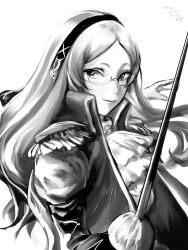 Rule 34 | 1girl, 20day3, ascot, dated, epaulettes, greyscale, highres, holding, holding sword, holding weapon, katie (sennen sensou aigis), long hair, long sleeves, monochrome, puffy long sleeves, puffy sleeves, rapier, sennen sensou aigis, solo, sword, upper body, weapon