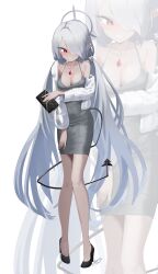 Rule 34 | 1girl, absurdres, alternate costume, bag, black footwear, black tail, blue archive, blush, breasts, cleavage, collarbone, dan nako, dark-skinned female, dark skin, demon tail, dongtan dress, dress, full body, grey dress, grey hair, grey halo, hair over one eye, halo, high heels, highres, holding, holding bag, iori (blue archive), jewelry, large breasts, long hair, long sleeves, meme attire, open mouth, pendant, pointy ears, red eyes, signature, simple background, solo, tail, very long hair, white background