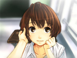 Rule 34 | 2girls, brown eyes, brown hair, classroom, commentary request, eyebrows, female pov, hand in own hair, indoors, lips, looking at viewer, multiple girls, open mouth, original, pov, school, school uniform, short hair, smile, solo focus, sweater vest, window, yui 7, yuri