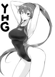 Rule 34 | 10s, 1girl, alternate costume, arms behind head, character name, competition swimsuit, greyscale, halcon, highres, kantai collection, long hair, monochrome, one-piece swimsuit, ponytail, solo, solo focus, swimsuit, yahagi (kancolle)