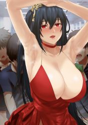 Rule 34 | 1girl, armpits, arms up, azur lane, bare shoulders, black hair, breasts, choker, cleavage, clothed sex, cocktail dress, crowd, dress, evening gown, faceless, faceless male, group sex, hair between eyes, hair ornament, heavy breathing, hetero, huge breasts, implied sex, indoors, kirinkirin, long hair, money, multiple boys, no bra, one side up, open mouth, out-of-frame censoring, red choker, red dress, red eyes, sex, short sleeves, spaghetti strap, sweatdrop, taihou (azur lane), taihou (forbidden feast) (azur lane), very long hair