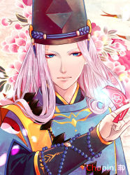 Rule 34 | 1boy, abe no seimei (onmyoji), artist name, beads, blue eyes, chinese clothes, chopin510, closed mouth, collar, eyeshadow, floral background, flower, hat, holding, jewelry, long hair, long sleeves, looking at viewer, makeup, male focus, onmyoji, pink flower, solo, tate eboshi, upper body, white hair