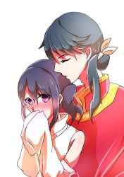 Rule 34 | black hair, blush, closed eyes, covering own mouth, detached sleeves, dolls in pseudo paradise, gender request, genderswap, highres, japanese clothes, kissing hair, label girl (dipp), miko, rokki hero, side ponytail, touhou