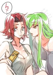Rule 34 | 2girls, ?, blue eyes, breasts, c.c., cleavage, code geass, collarbone, creayus, dated, green eyes, kouzuki kallen, large breasts, long hair, multiple girls, off shoulder, open mouth, pocky, pocky day, pocky kiss, shared food, short hair, sketch, spoken question mark, twitter username, white background, yellow eyes