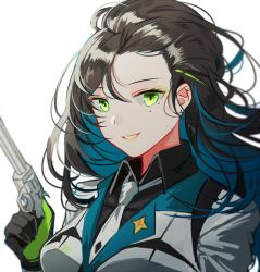 Rule 34 | 1girl, bad id, bad twitter id, black hair, black shirt, blue hair, breasts, collared shirt, colt python, commentary, earrings, eyeshadow, floating hair, girls&#039; frontline, gloves, green eyes, green lips, gun, handgun, jacket, jewelry, large breasts, lipstick, looking at viewer, makeup, mole, mole under eye, multicolored hair, multiple earrings, necktie, parted lips, partially fingerless gloves, python (girls&#039; frontline), revolver, shirt, sidelocks, silence girl, simple background, smile, solo, stud earrings, upper body, weapon, white background, wind