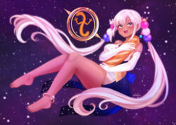 Rule 34 | 1girl, :d, anklet, baguette, bare legs, bare shoulders, barefoot, blue nails, bread, breasts, dark-skinned female, dark skin, elbow gloves, feet, food, full body, gloves, hair ornament, highres, hololive, hololive english, jewelry, large breasts, long hair, looking at viewer, nail polish, open mouth, planet hair ornament, signature, smile, solo, star (symbol), starry background, temachii, toenail polish, toenails, tsukumo sana, tsukumo sana (1st costume), twintails, very long hair, virtual youtuber, white gloves, white hair, yatagarasu (tsukumo sana), yellow eyes