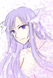 Rule 34 | 1girl, breasts, cleavage, closed mouth, completely nude, floating hair, kanaoto neiro, long hair, medium breasts, nude, parted bangs, purple eyes, purple hair, quinella, signature, smile, solo, straight hair, sword art online, upper body, very long hair, white background