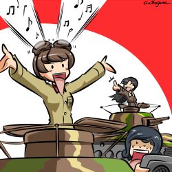 Rule 34 | 3girls, ^^^, arms up, asymmetrical bangs, beamed sixteenth notes, black hair, blush stickers, brown hair, brown jacket, chi-hatan military uniform, commentary, eighth note, frown, girls und panzer, hair rings, half note, hosomi shizuko, jacket, kogane (staygold), long hair, long sleeves, looking at another, lowres, military, military uniform, military vehicle, motion lines, motor vehicle, multiple girls, musical note, nishi kinuyo, no eyes, one-hour drawing challenge, open mouth, pointing, short hair, smile, sweatdrop, tank, teramoto tomiko, twitter username, type 95 ha-gou, type 97 chi-ha, uniform