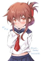 Rule 34 | 1girl, anchor symbol, blue sailor collar, blue skirt, blush, brown hair, closed mouth, dated, flying sweatdrops, folded ponytail, hair between eyes, highres, inazuma (kancolle), kantai collection, long sleeves, looking at viewer, mot zenzai, navel, neckerchief, one-hour drawing challenge, orange eyes, pleated skirt, ponytail, red neckerchief, sailor collar, school uniform, serafuku, sidelocks, simple background, skirt, solo, twitter username, white background