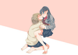 Rule 34 | 2girls, barefoot, between legs, blazer, blue eyes, blue skirt, blush, bow, bowtie, brown sweater, closed eyes, closed mouth, collared shirt, commentary, dress shirt, ear blush, full body, grey jacket, hair behind ear, highres, honda sora, imminent kiss, invisible chair, jacket, kashikaze, light brown hair, lonely girl ni sakaraenai, long hair, long sleeves, looking at another, multiple girls, open clothes, open jacket, parted lips, pink background, pleated skirt, red bow, red bowtie, red sweater, sakurai ayaka (lonely girl ni sakaraenai), school uniform, shirt, short hair, sitting, skirt, sweatdrop, sweater, two-tone background, wariza, wavy mouth, white background, white shirt, yuri