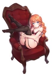 Rule 34 | 1girl, absurdres, black bra, black panties, black thighhighs, blue eyes, bra, braid, breasts, brown hair, chair, commentary, feet, feet up, full body, highres, leg up, legs, long hair, looking at viewer, open mouth, panties, pinki o64, princess connect!, sitting, small breasts, soles, solo, thighhighs, twin braids, twintails, underwear, yuni (princess connect!)