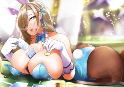 Rule 34 | 1girl, animal ears, areola slip, asuna (blue archive), asuna (bunny) (blue archive), between breasts, blue archive, blue bow, blue bowtie, blue eyes, blue leotard, blurry, blurry background, bow, bowtie, breasts, brown pantyhose, card, card between breasts, cleavage, detached collar, fake animal ears, gloves, hair ornament, hair over one eye, hairband, huge breasts, leaning forward, leotard, light brown hair, long hair, looking at viewer, miya ur, open mouth, pantyhose, playboy bunny, playing card, poker chip, poker table, rabbit ears, rabbit tail, solo, table, tail, traditional bowtie, white gloves, white hairband