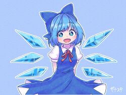 Rule 34 | 1girl, :d, arms behind back, blue background, blue bow, blue dress, blue eyes, blue hair, blush, bow, breasts, bright pupils, cirno, cowboy shot, dress, happy, highres, ice, ice wings, looking at viewer, open mouth, outline, pinafore dress, puffy short sleeves, puffy sleeves, short hair, short sleeves, simple background, sleeveless, sleeveless dress, small breasts, smile, solo, touhou, white outline, white pupils, wings, zanasta0810