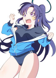 Rule 34 | 1girl, absurdres, bazz000033, black shirt, blue archive, blue buruma, blue hair, blue jacket, breasts, buruma, clenched hands, commentary, halo, highres, jacket, long hair, long sleeves, medium breasts, official alternate costume, open mouth, purple eyes, shirt, simple background, solo, star sticker, sticker on face, teeth, thighs, track jacket, upper teeth only, white background, yuuka (blue archive), yuuka (track) (blue archive)