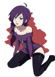 Rule 34 | 1girl, absurdres, bare shoulders, blue eyes, boots, drill hair, highres, off-shoulder, off-shoulder sweater, purple hair, sweater, thighhighs, zone-tan