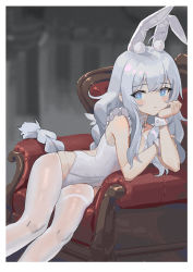 Rule 34 | + +, 1girl, ahoge, animal ear fluff, animal ears, arm support, armchair, azur lane, blue eyes, blush, braid, chair, chinese commentary, closed mouth, commentary request, fake animal ears, hand on own cheek, hand on own face, highres, kemonomimi mode, kiroly, le malin (azur lane), le malin (listless lapin) (azur lane), leotard, long hair, low twin braids, official alternate costume, playboy bunny, rabbit ears, sidelocks, silver hair, sitting, solo, thigh strap, thighhighs, twin braids, very long hair, white thighhighs, wrist cuffs
