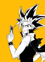 Rule 34 | 1boy, card, from side, holding, holding card, jorongbak, looking at viewer, male focus, millennium puzzle, monochrome, orange background, smile, solo, upper body, yami yugi, yu-gi-oh!, yu-gi-oh! duel monsters