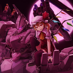 Rule 34 | 1girl, album cover, armored core, ascot, black thighhighs, blonde hair, boots, cover, cross-laced footwear, dress, flandre scarlet, full moon, hat, hat ribbon, kurione (zassou), mecha, mob cap, moon, noblesse oblige (armored core), puffy short sleeves, puffy sleeves, red dress, red eyes, ribbon, robot, shirt, short sleeves, side ponytail, sitting, smile, solo, thighhighs, touhou, wings, wrist cuffs, zettai ryouiki