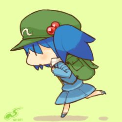 Rule 34 | 1girl, arms up, backpack, bad id, bad pixiv id, bag, blue hair, blush, chibi, dress, eyes visible through hair, female focus, from side, hat, holding, katsudansou, kawashiro nitori, open mouth, randoseru, running, shoes, short twintails, sideways mouth, socks, solo, touhou, twintails, two side up, | |