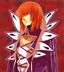 Rule 34 | 1boy, choker, coat, collar, creed graphite, red background, red eyes, red hair, short hair, tales of (series), tales of hearts