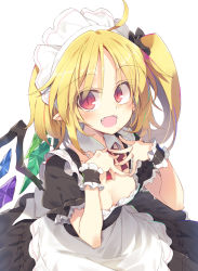 Rule 34 | 1girl, ahoge, alternate costume, apron, black dress, black scrunchie, blonde hair, breasts, detached collar, downblouse, dress, enmaided, fangs, flandre scarlet, hair ornament, hair scrunchie, highres, long hair, looking at viewer, maid, maid headdress, open mouth, pointy ears, puffy short sleeves, puffy sleeves, red eyes, red neckwear, satou kibi, scrunchie, short sleeves, side ponytail, simple background, slit pupils, small breasts, smile, solo, touhou, waist apron, white background, wings, wrist cuffs
