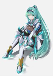 Rule 34 | 1girl, blush, breasts, chest jewel, earrings, full body, gloves, green eyes, green hair, grey background, high heels, highres, jewelry, large breasts, long hair, pneuma (xenoblade), ponytail, sarasadou dan, simple background, sitting, smile, solo, spoilers, swept bangs, tiara, very long hair, xenoblade chronicles (series), xenoblade chronicles 2