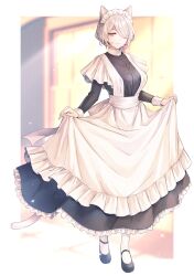 Rule 34 | 1girl, animal ears, breasts, cat ears, cat tail, e (eokiba), frills, full body, grey eyes, grey hair, hair over one eye, highres, large breasts, long sleeves, maid, maid headdress, mary janes, original, shoes, short hair, smile, solo, sparkle, standing, tail, victorian maid
