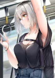 Rule 34 | 1girl, absurdres, arm up, armpits, backpack, bag, black nails, black shirt, bracelet, breasts, bus interior, cellphone, cleavage, hair between eyes, highres, holding, holding phone, indoors, jewelry, large breasts, len (hand linke), looking at phone, medium hair, nail polish, original, phone, shirt, shirt tucked in, silver hair, smartphone, solo, window, yellow eyes