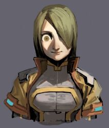 1girl bodysuit brown_eyes brown_hair dancho_no_mori grey_background grey_bodysuit hair_over_one_eye highres jacket light_smile looking_at_viewer mii_gunner mii_gunner_(smash_ultimate) nintendo portrait short_hair short_sleeves smile solo staring super_smash_bros. thousand_yard_stare wide-eyed yellow_jacket