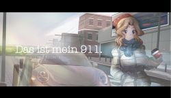 Rule 34 | 1girl, absurdres, blonde hair, blue eyes, blue scarf, bobblehat, building, car, closed mouth, coffee cup, commentary, cup, disposable cup, down jacket, fringe trim, german commentary, german text, girls und panzer, hair intakes, hand in own hair, highres, holding, holding cup, index finger raised, jacket, kay (girls und panzer), kyougi sharyou, letterboxed, long hair, long sleeves, looking at viewer, motor vehicle, outdoors, porsche, porsche 911, porsche 991, red headwear, scarf, smile, solo, standing, sunrise, translated