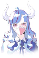 Rule 34 | 1girl, ahoge, blue cape, blue hair, cape, collared shirt, covered mouth, curled horns, dinosaur girl, horns, jewelry, long hair, mask, mouth mask, multicolored hair, necklace, one piece, pink eyes, pink hair, pink mask, raine (acke2445), shirt, simple background, solo, streaked hair, ulti (one piece), white background, white shirt