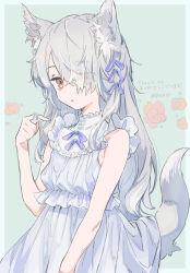 Rule 34 | 1girl, animal ear fluff, animal ears, blue border, border, commentary request, commission, dress, duplicate, expressionless, eyes visible through hair, fox ears, fox girl, fox tail, frills, gradient eyes, grey dress, grey hair, hair over one eye, twirling hair, highres, kinutani yutaka, lifted by tail, long hair, looking at viewer, multicolored eyes, orange eyes, original, parted lips, pink eyes, pixel-perfect duplicate, playing with own hair, purple ribbon, red eyes, ribbon, signature, skeb commission, sleeveless, sleeveless dress, solo, tail, tail raised, wolf ears, wolf girl, wolf tail